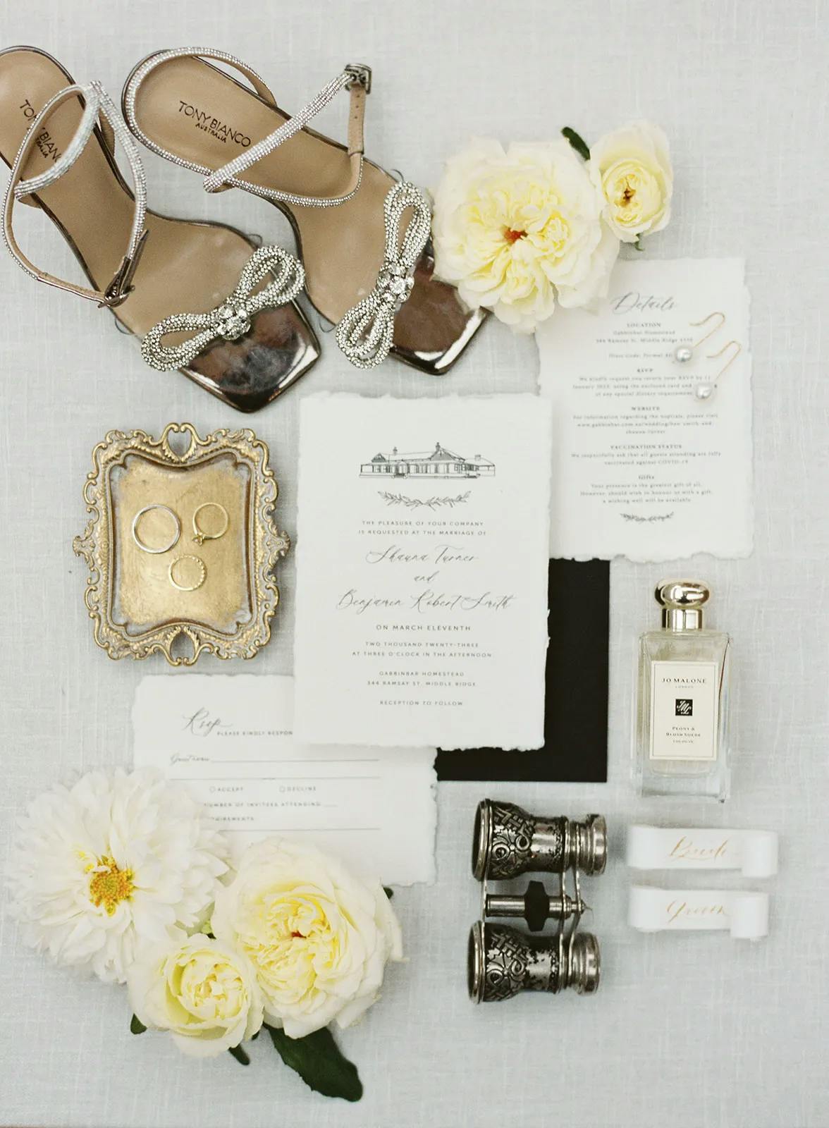 wedding shoes, invitations, perfumes and flowers