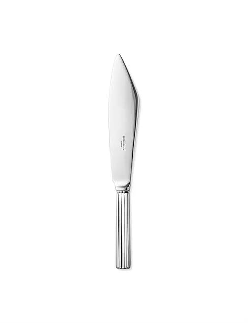 A stainless steel cake knife with a sleek, shiny blade and a handle featuring vertical grooves for a comfortable grip. The knife is placed on a white background and has an elegant, minimalist design.