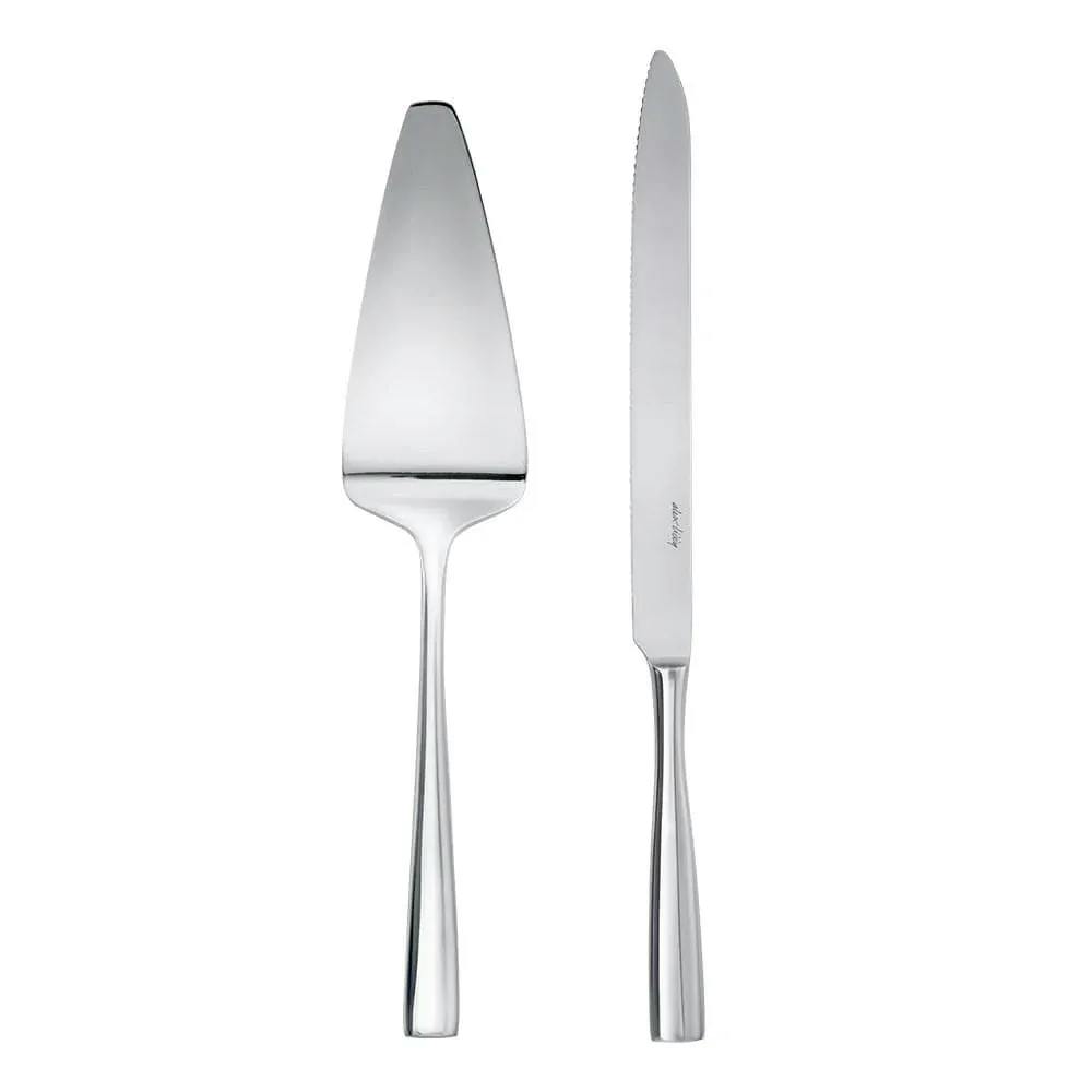 A stainless steel cake server with a triangular head beside a matching knife with a serrated edge. Both have sleek, modern designs with polished finishes, suitable for serving and cutting desserts.