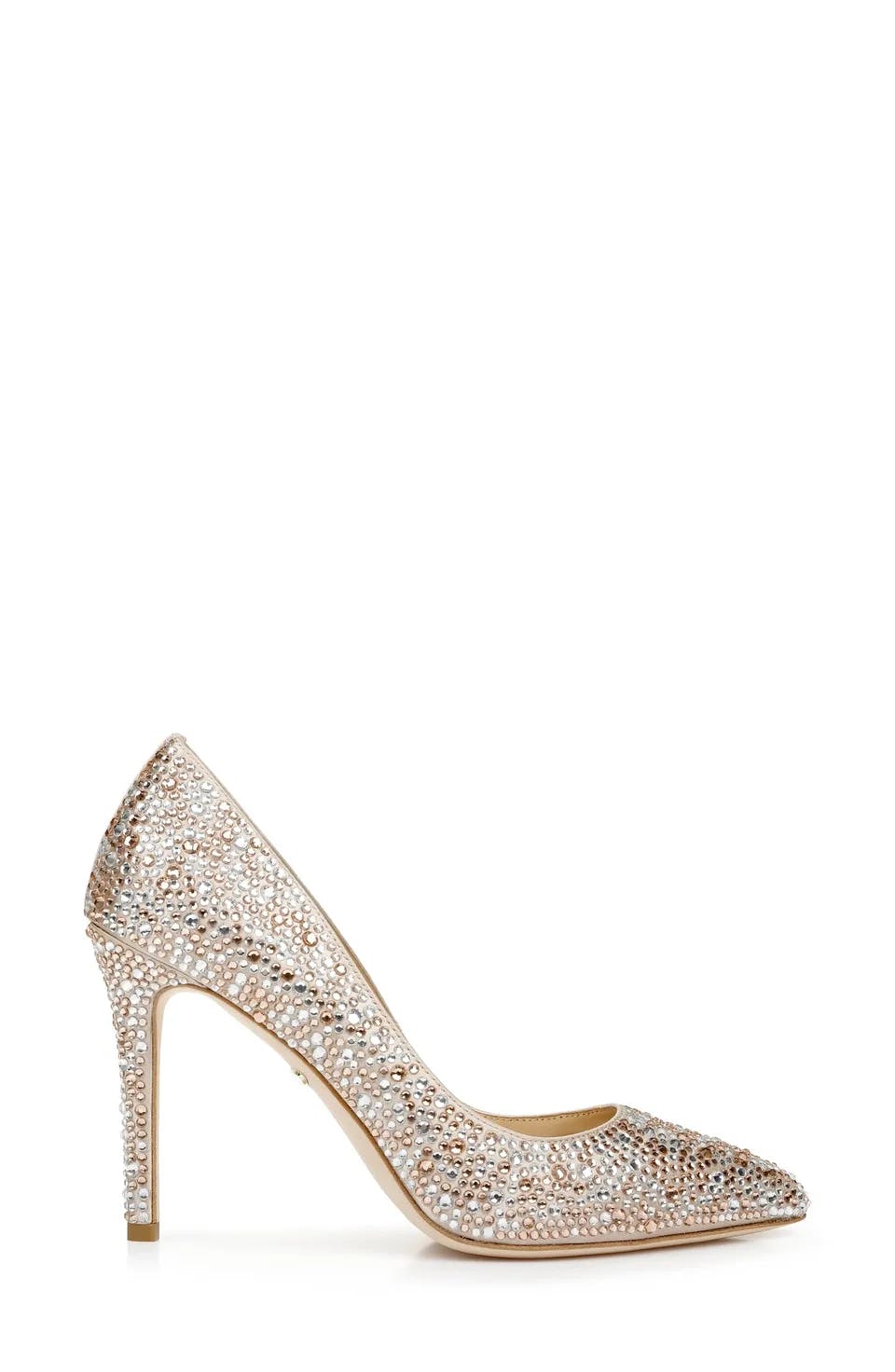 A silver high-heeled pump adorned with sparkling crystals, featuring a pointed toe and a sleek design, against a plain white background.