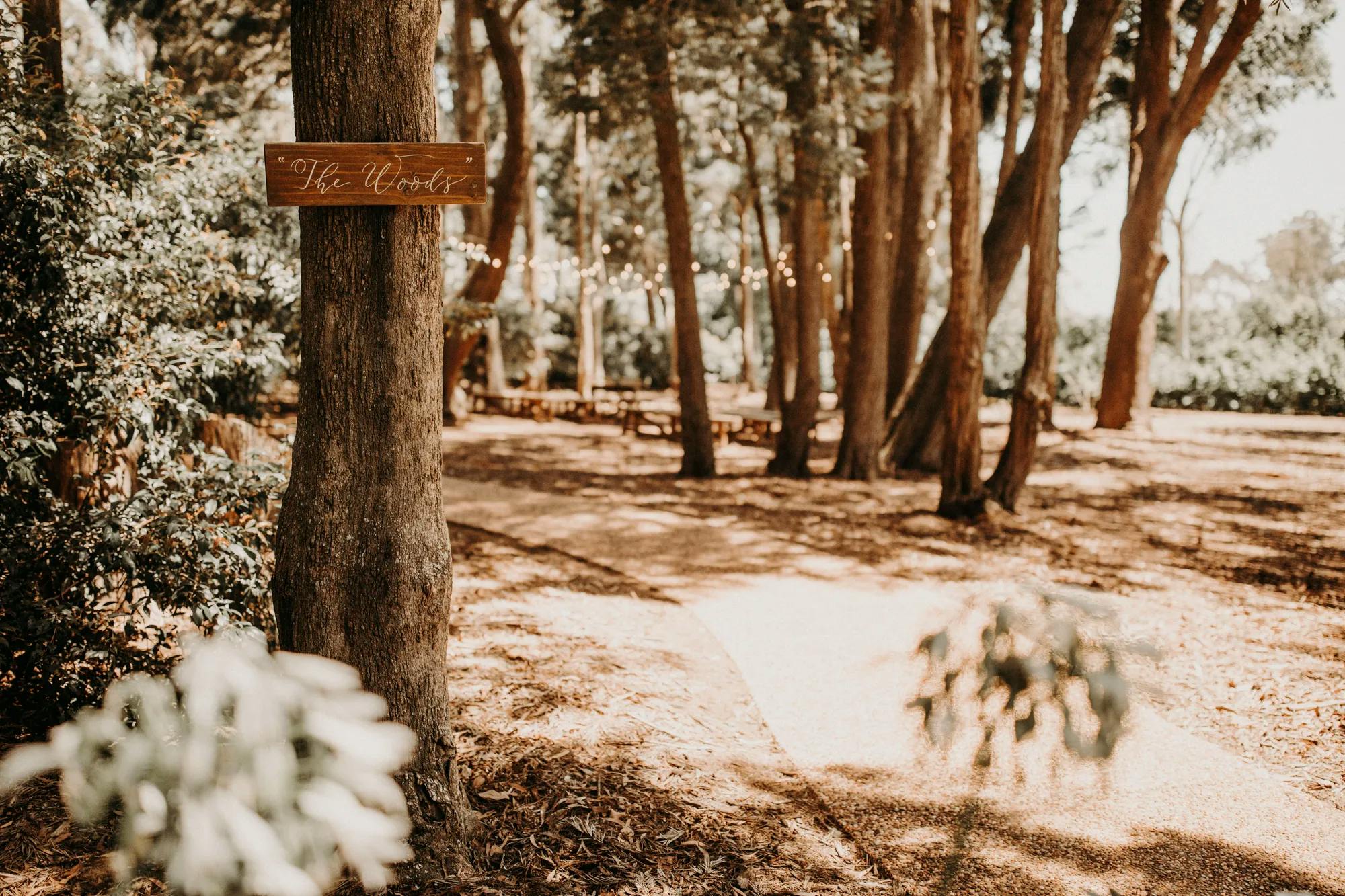 a sepia-toned view through the trees and a plaque with the words "the woods" is mounted on a tree to guide guests to the outdoor ceremony space at gabbinbar