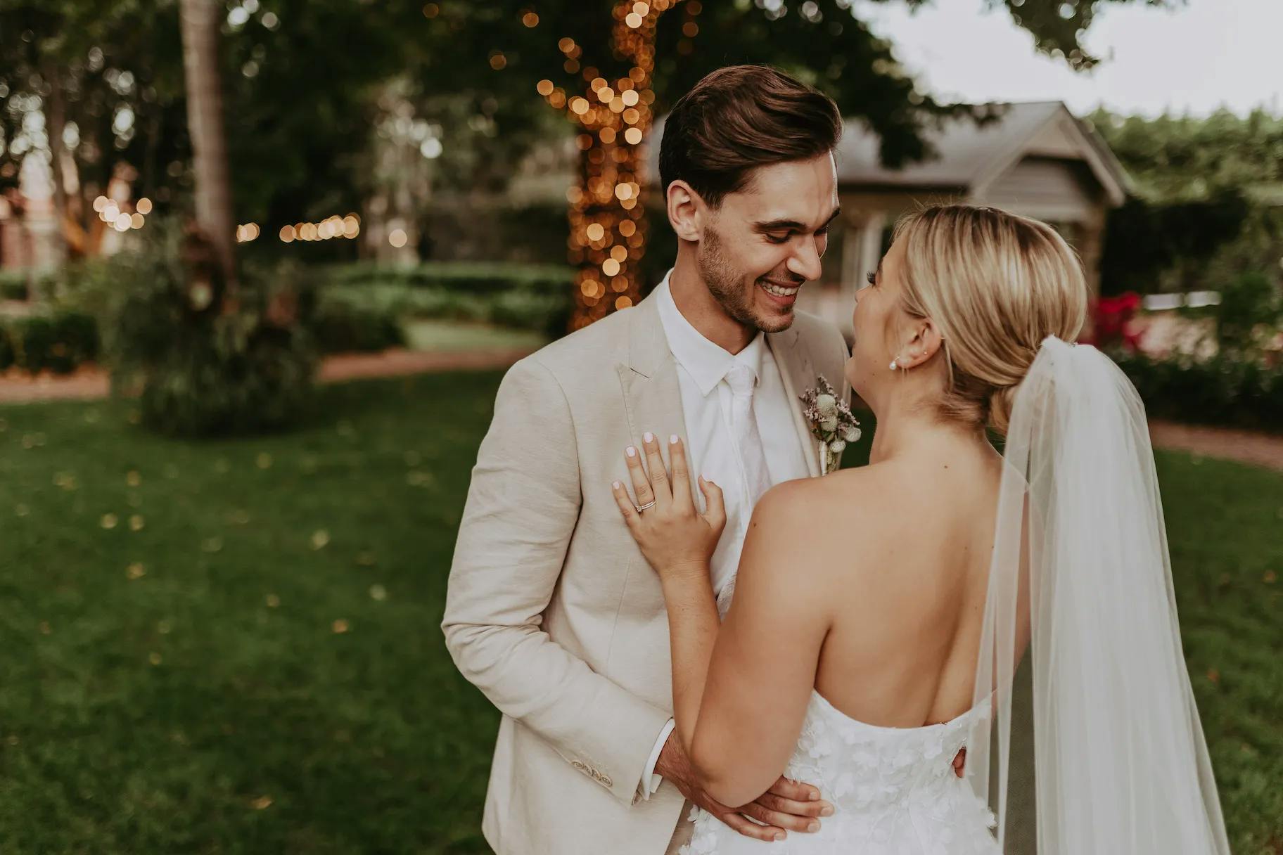 Bride and groom embracing