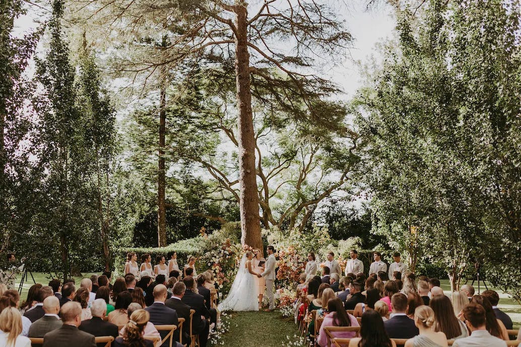 Bride and groom getting married under tree