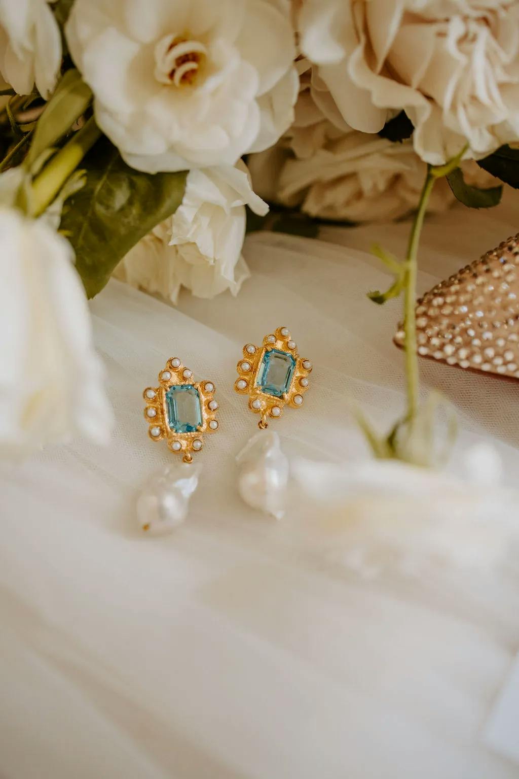 Blue topaz, pearl and gold wedding earrings