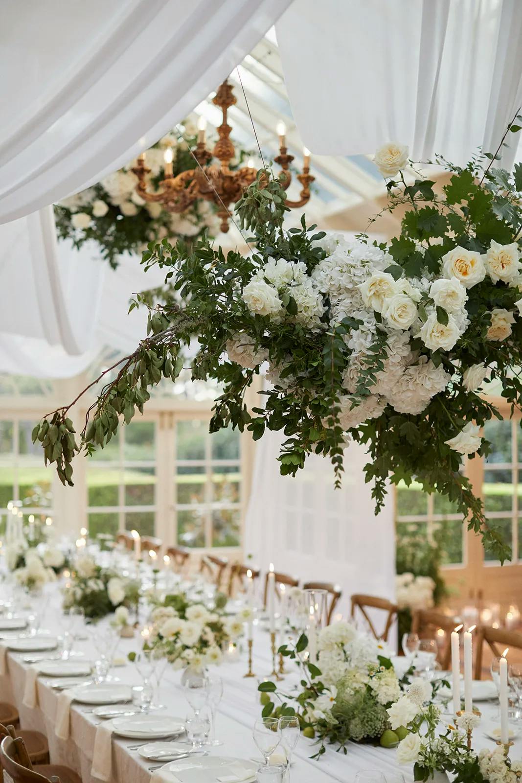Wedding reception with hanging flowers