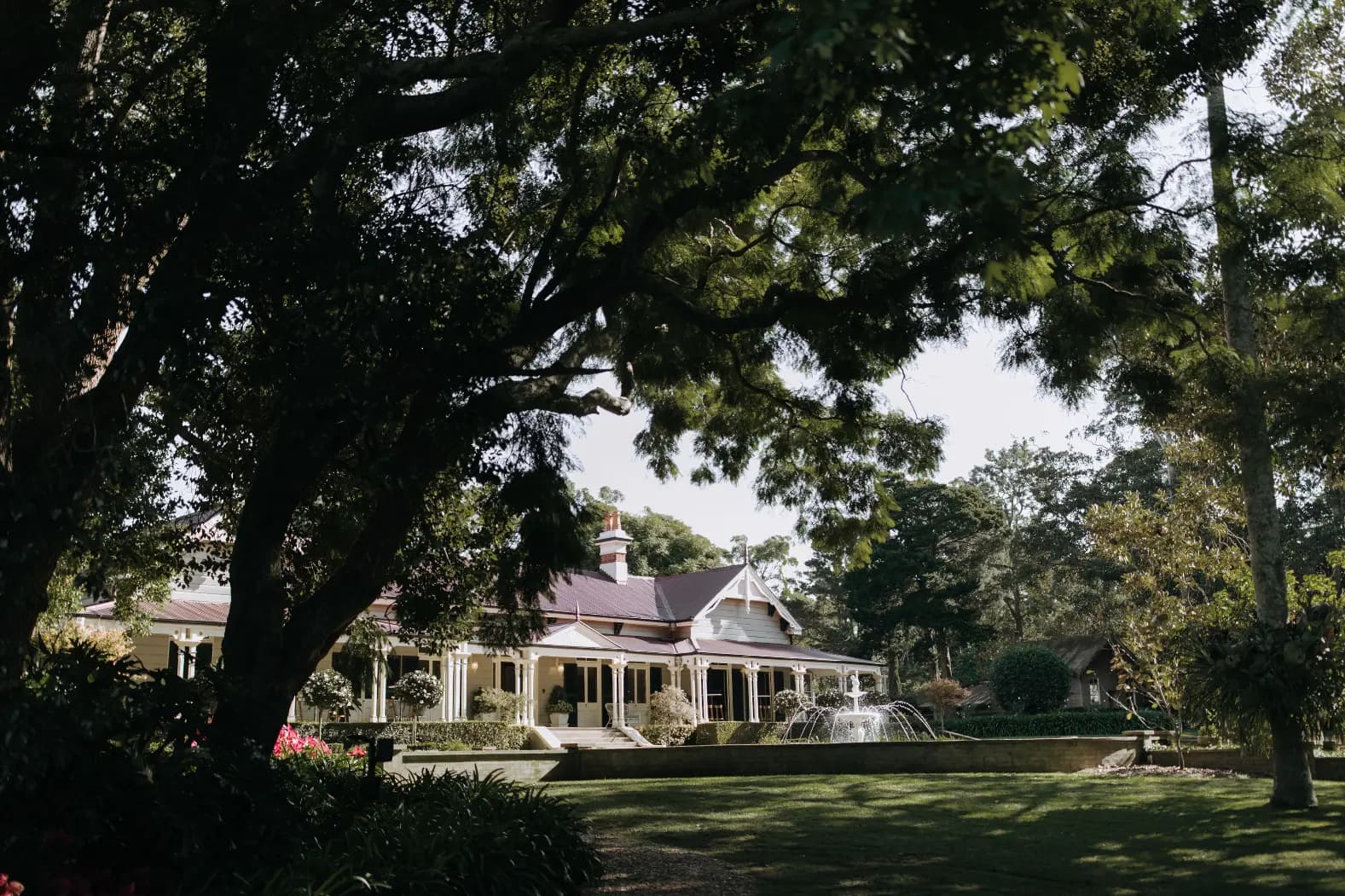 A charming, large house with a purple roof and cream-colored walls is nestled among lush greenery and tall trees. The front lawn is meticulously maintained, and a fountain adds elegance to the serene setting. Shadows from the trees cast a calming ambience over the scene.