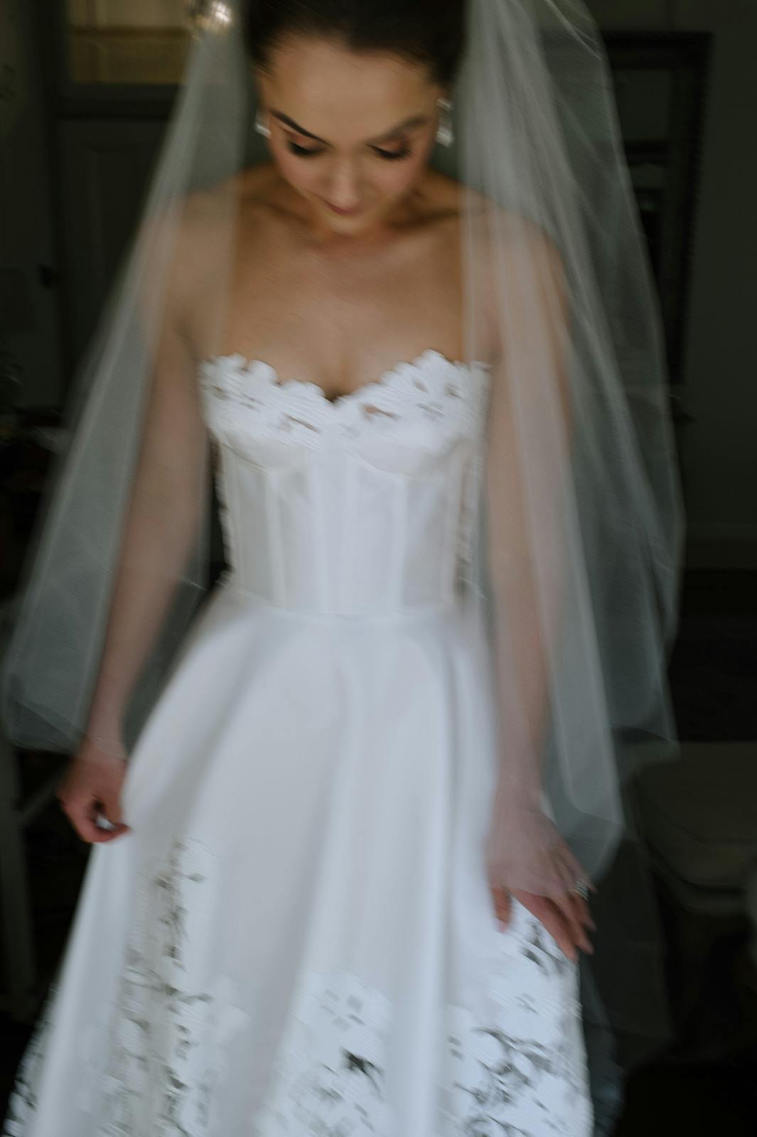 A bride wearing a white strapless wedding gown adorned with lace details stands with a translucent veil draped over her shoulders. The soft lighting and blurred background focus attention on the elegance of her dress and veil.