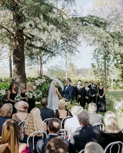 An outdoor wedding ceremony with a bride and groom standing under a large tree. The bride wears a white dress, and the groom is in a blue suit. Bridesmaids in black dresses and groomsmen in black suits stand nearby. Guests are seated, watching the ceremony.