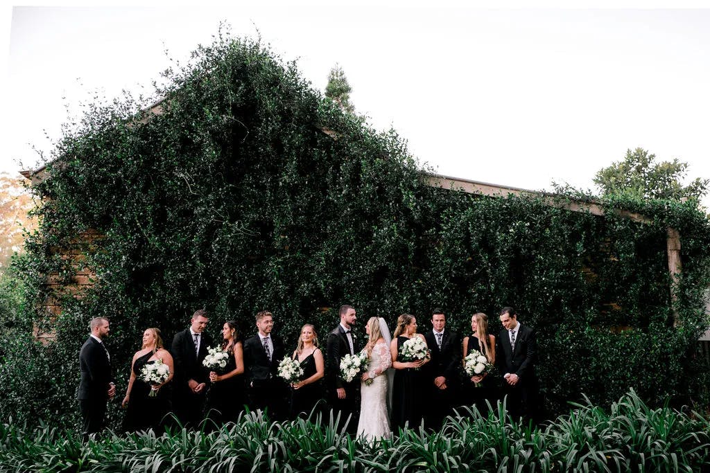 A bride and groom stand with their wedding party in front of a lush ivy-covered building. The group, dressed in elegant black attire with the bride in a white gown and veil, holds flower bouquets. The scene is surrounded by greenery, creating a serene backdrop.