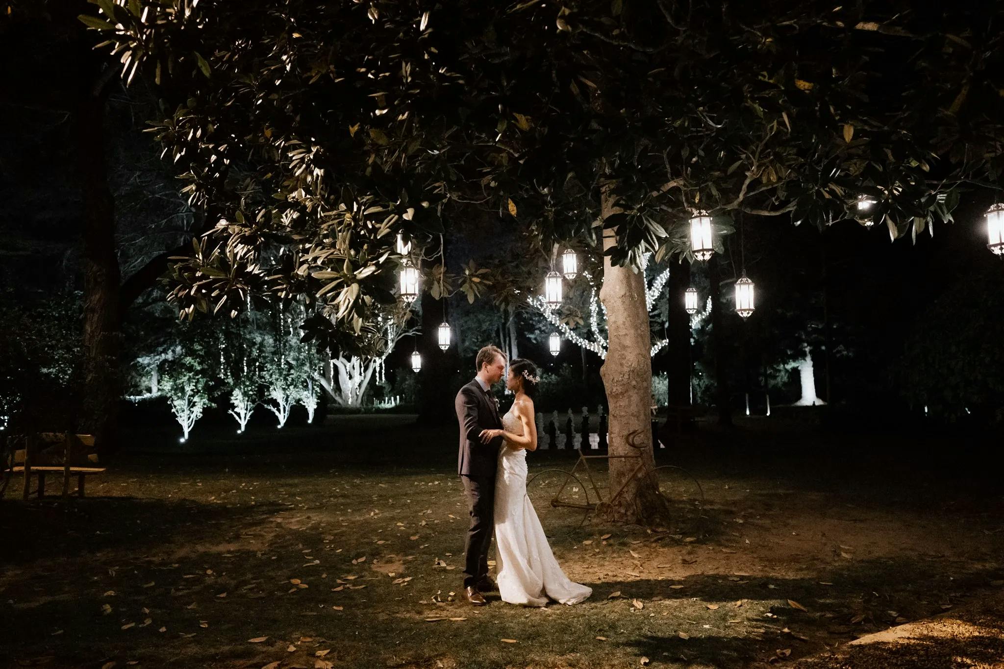 A bride and groom embrace under a large tree adorned with hanging lanterns at night. The scene is romantically lit, highlighting the couple and casting gentle shadows on the ground. The background features softly illuminated trees and foliage.
