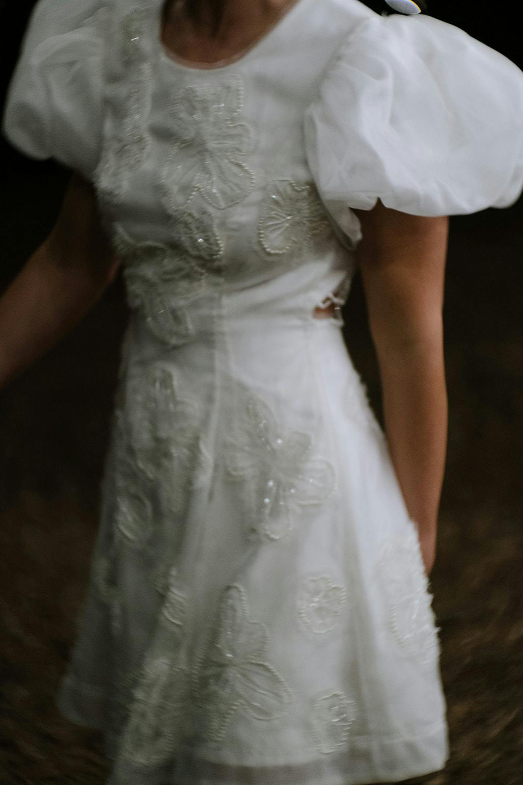A person wearing a white dress adorned with intricate floral embroidery and voluminous puff sleeves. The image is slightly blurred, making the details somewhat indistinct. The person is partially visible from the shoulders to mid-thigh.