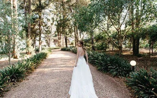 A woman in a white wedding dress walks down a tree-lined pathway with greenery and shrubs on both sides. Sunlight filters through the trees, creating a serene and picturesque setting. The woman appears to be looking back over her shoulder.