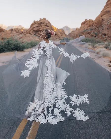 A woman with a floral hair accessory stands on a deserted road surrounded by rocky terrain. She is wearing a sheer dress adorned with white floral patterns, which she spreads out dramatically, creating a flowing and ethereal effect.