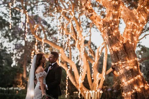 A bride and groom gaze into each other's eyes under a large tree adorned with fairy lights. The bride wears a white off-the-shoulder dress and veil, while the groom is in a dark suit. The background is softly lit, creating a romantic, twilight atmosphere.