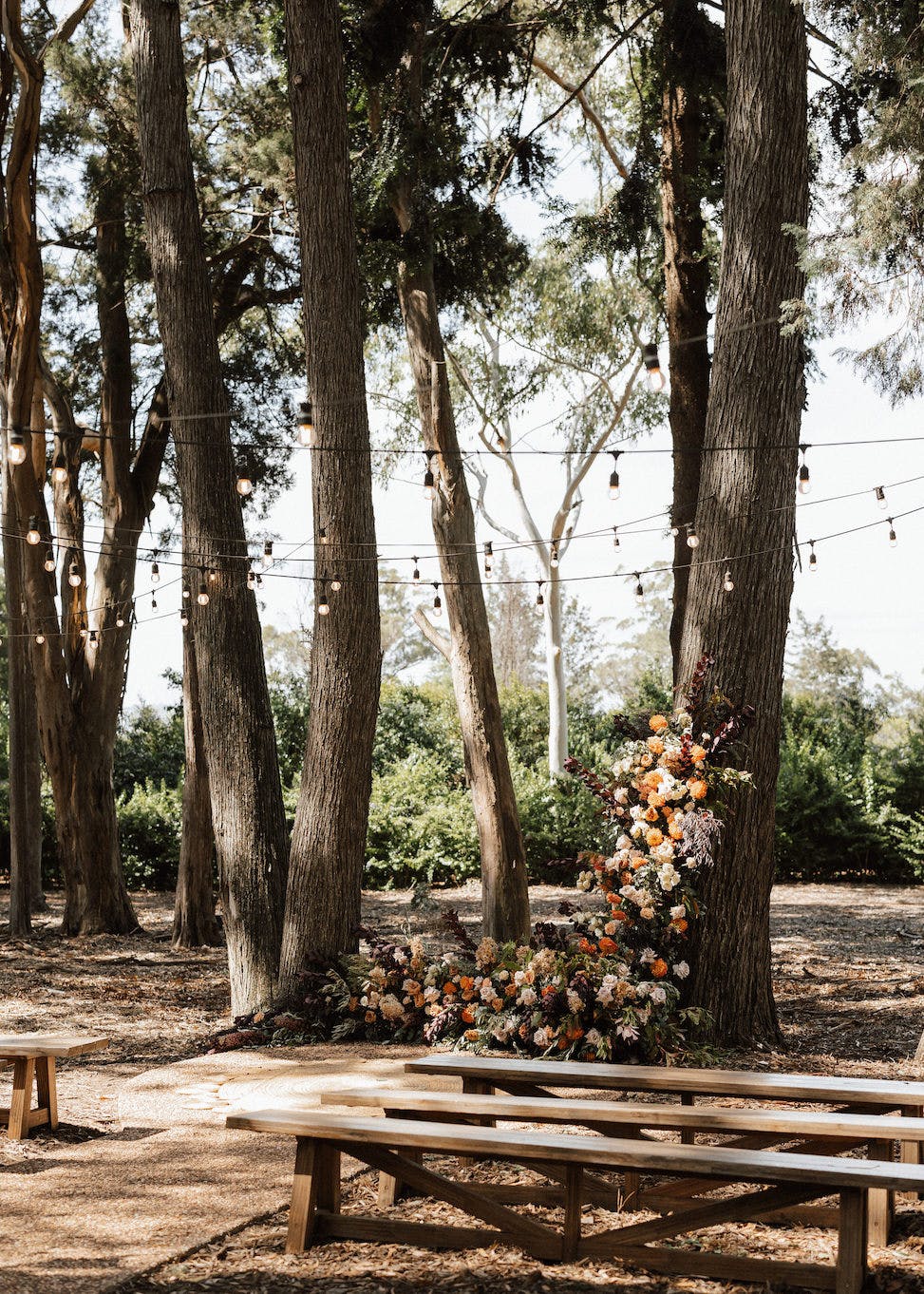 Outdoor wedding ceremony set-up in a wooded area with trees adorned with string lights. Wooden benches are arranged on the ground covered in wood chips. A floral arrangement of colorful flowers is affixed to one of the trees, creating a serene and picturesque setting.