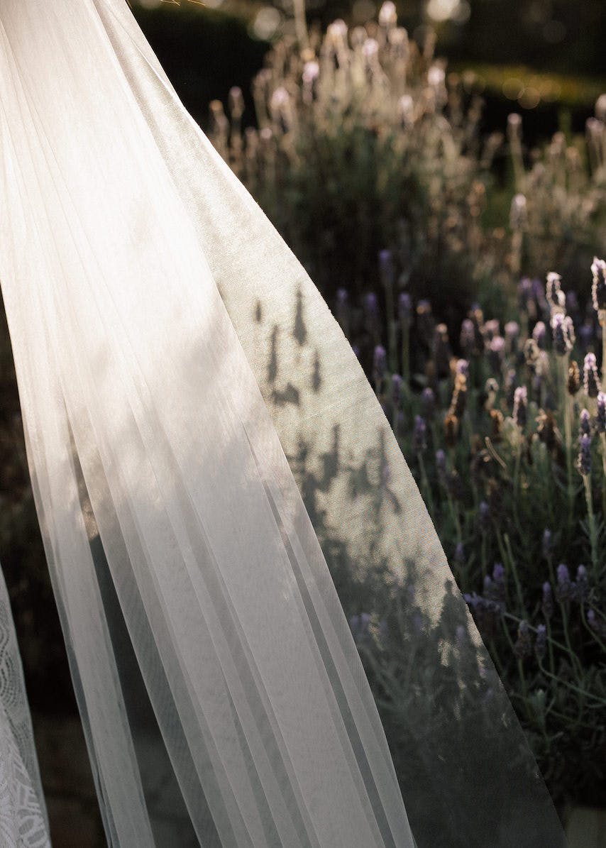 A delicate, translucent white veil gently drapes over a lavender field, with sunlight creating soft shadows on the fabric. The background is filled with blooming lavender flowers and greenery, evoking a serene, nature-filled setting.