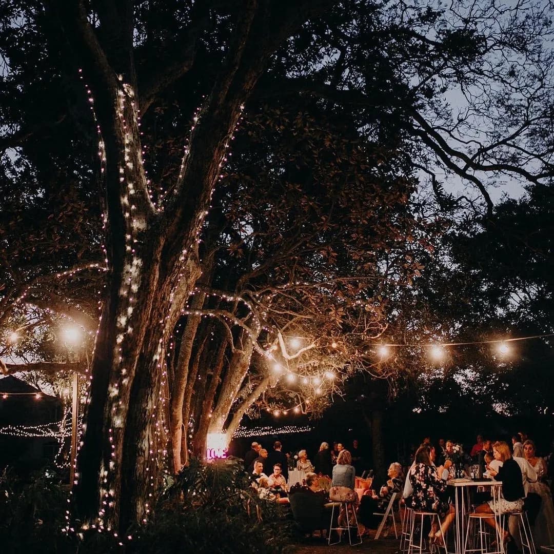 A nighttime outdoor gathering under a large tree adorned with twinkling string lights. A group of people sit around tables, enjoying the event. More string lights overhead create a warm, festive ambiance, with a soft, dimly-lit background of trees.