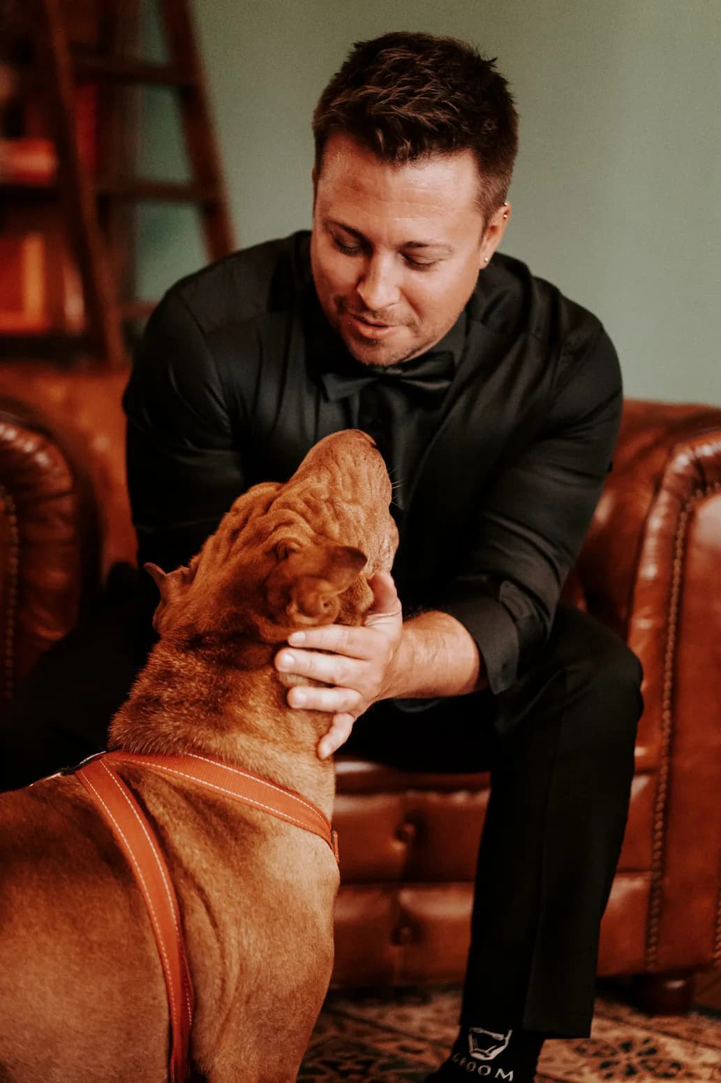 A man dressed in formal black attire is sitting on a brown leather couch, gently petting a brown dog that is looking up at him. The scene exudes warmth and affection, with the man's smiling expression reflecting his fondness for the dog.