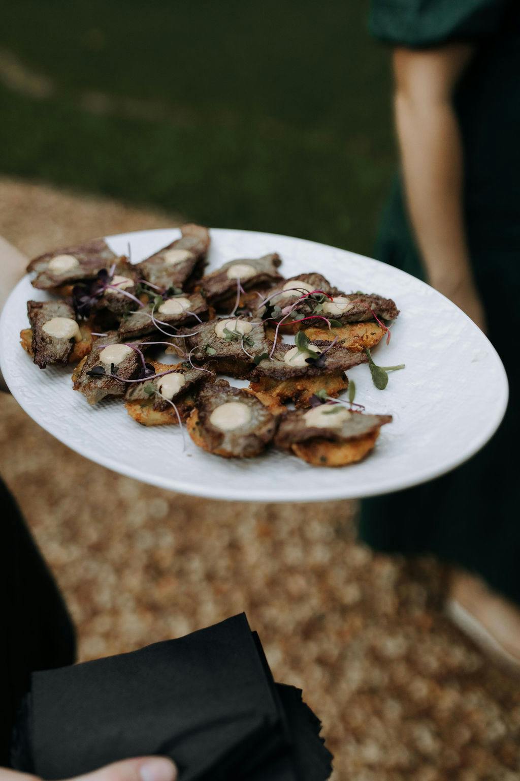 A person is holding a white plate topped with a neatly arranged assortment of appetizer bites. The bites appear to be small slices of toast or crostini, garnished with greens and possibly a creamy topping. The background is slightly out of focus, hinting at an outdoor setting.