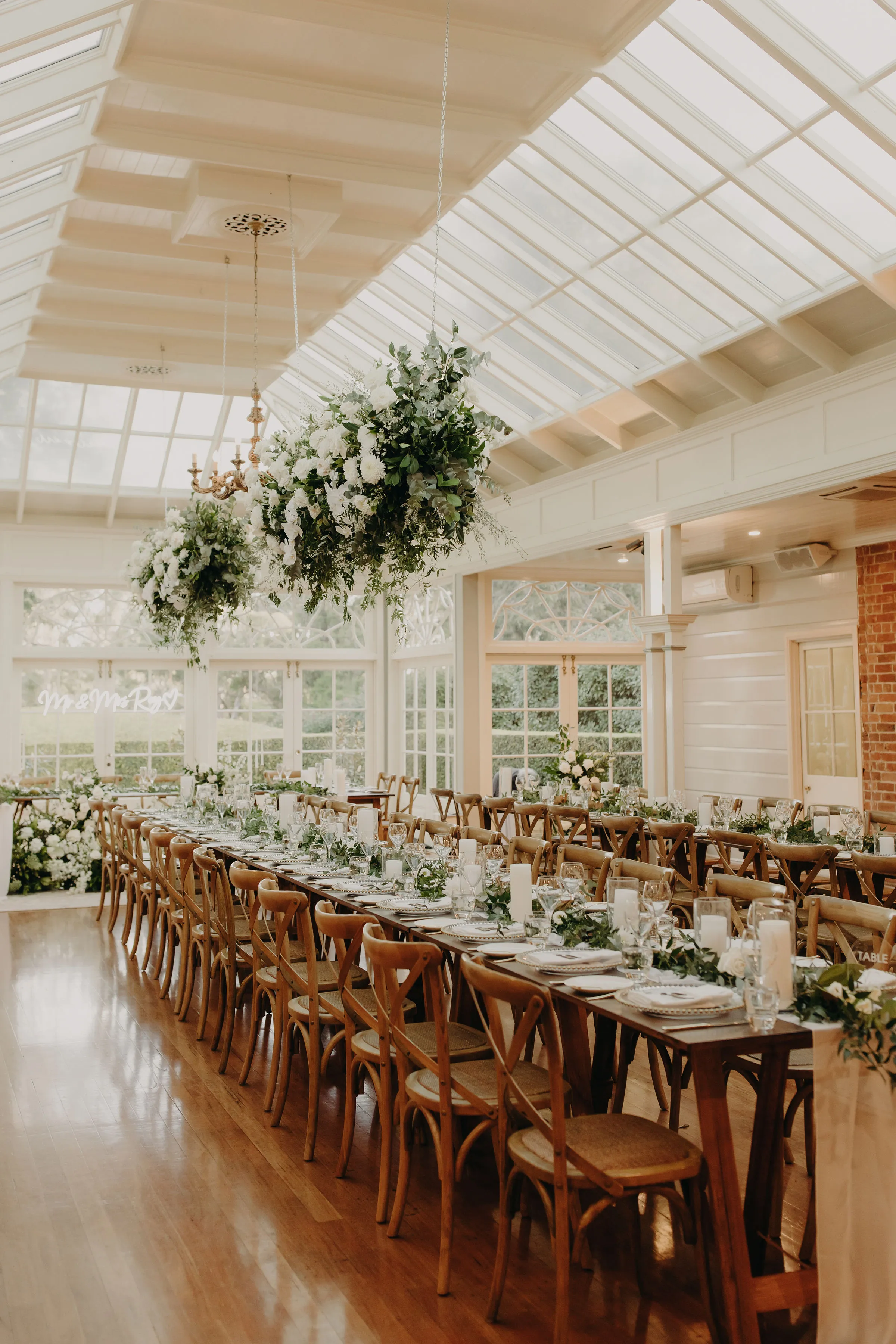 Wedding reception with hanging flowers