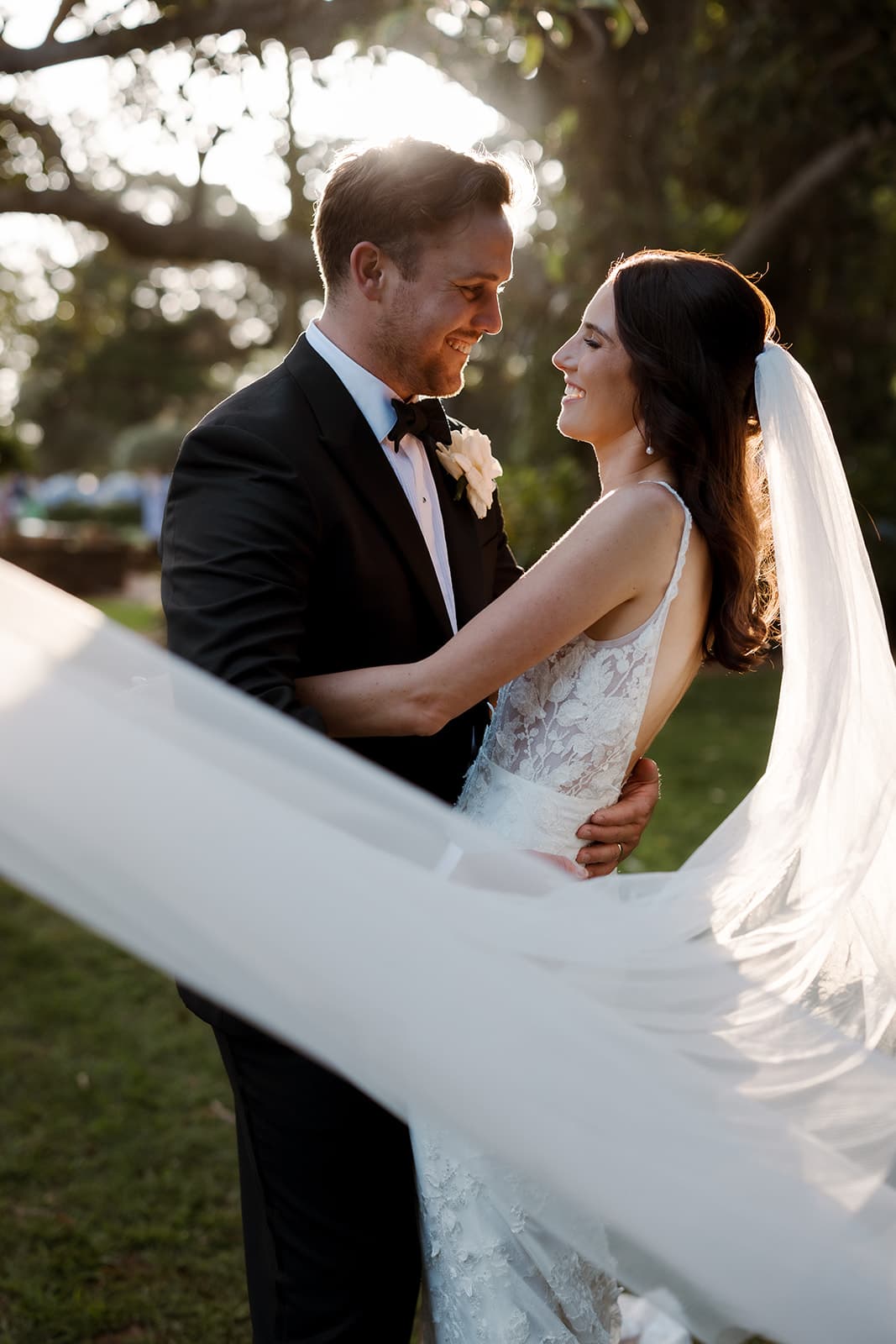 Bride and groom embracing
