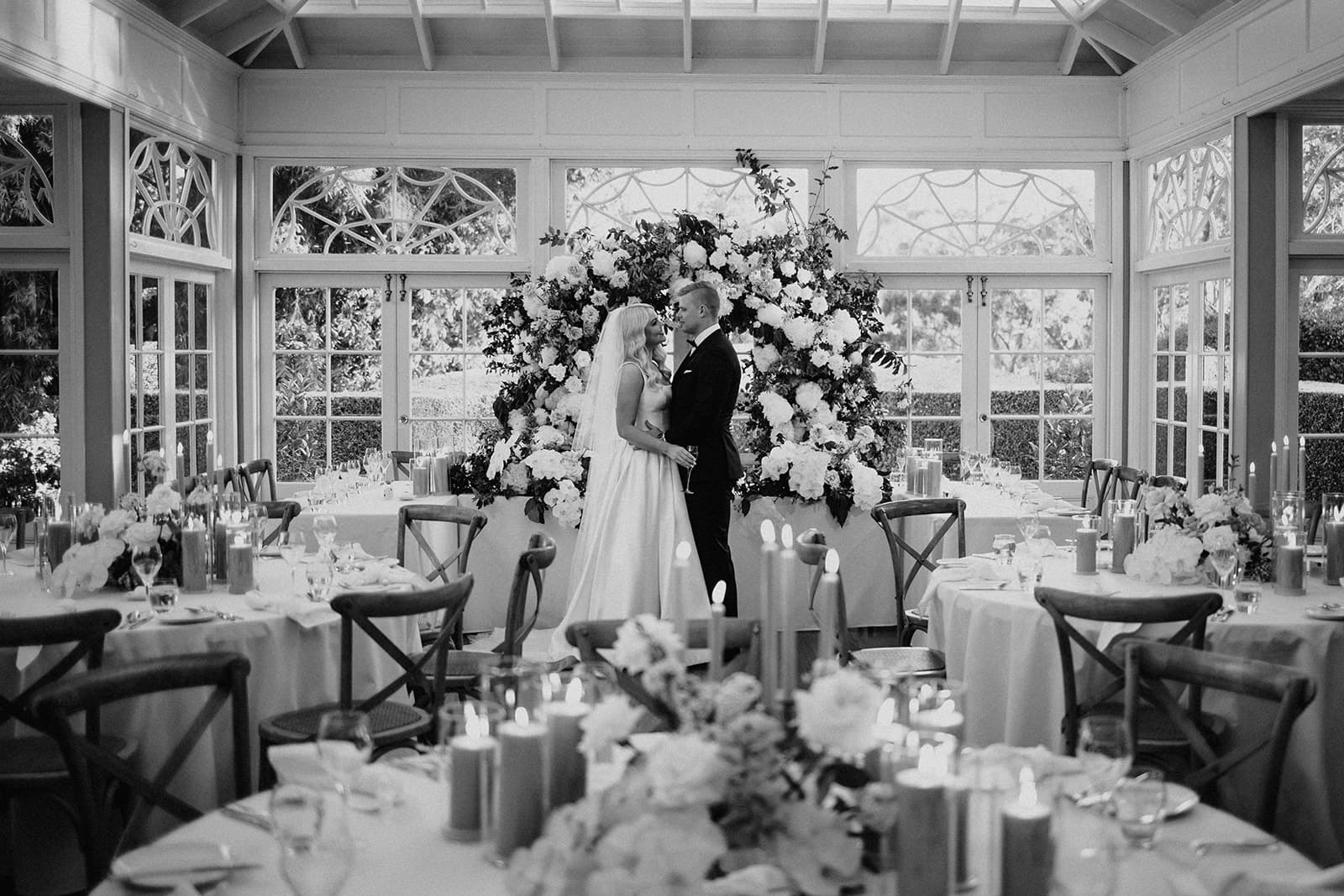 Bride and groom in reception space