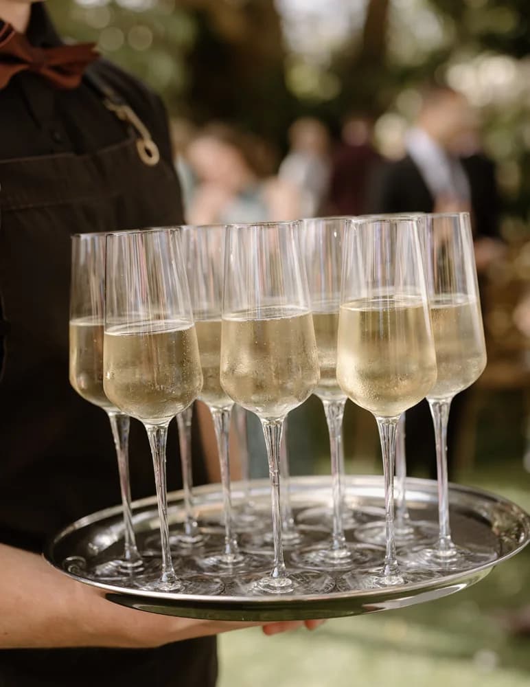 A server holding a tray with several filled champagne flutes at an outdoor event. The background is blurred, showing greenery and people dressed in formal attire.